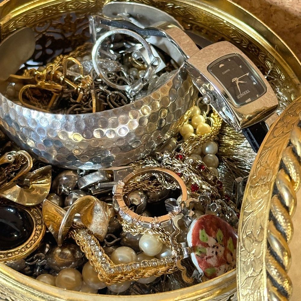 Vintage Mirrored Trinket Dish Filled with Jewelry